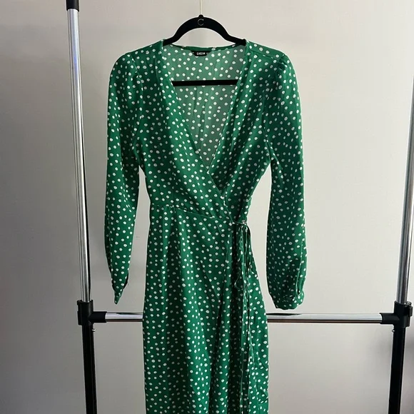 Dresses | Green Polka Dot Long Sleeve Maxi Aline Dress | Poshmark